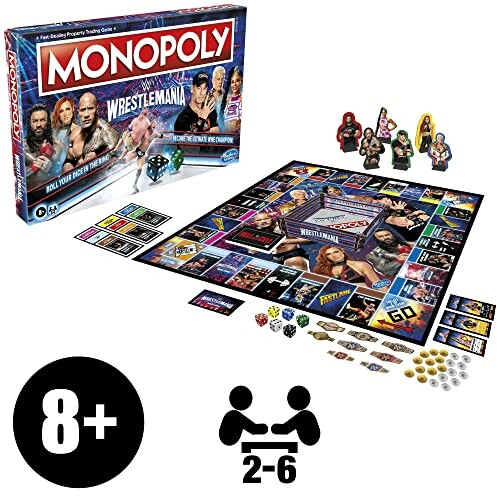 WrestleMania Monopoly board game with pieces and cards displayed.